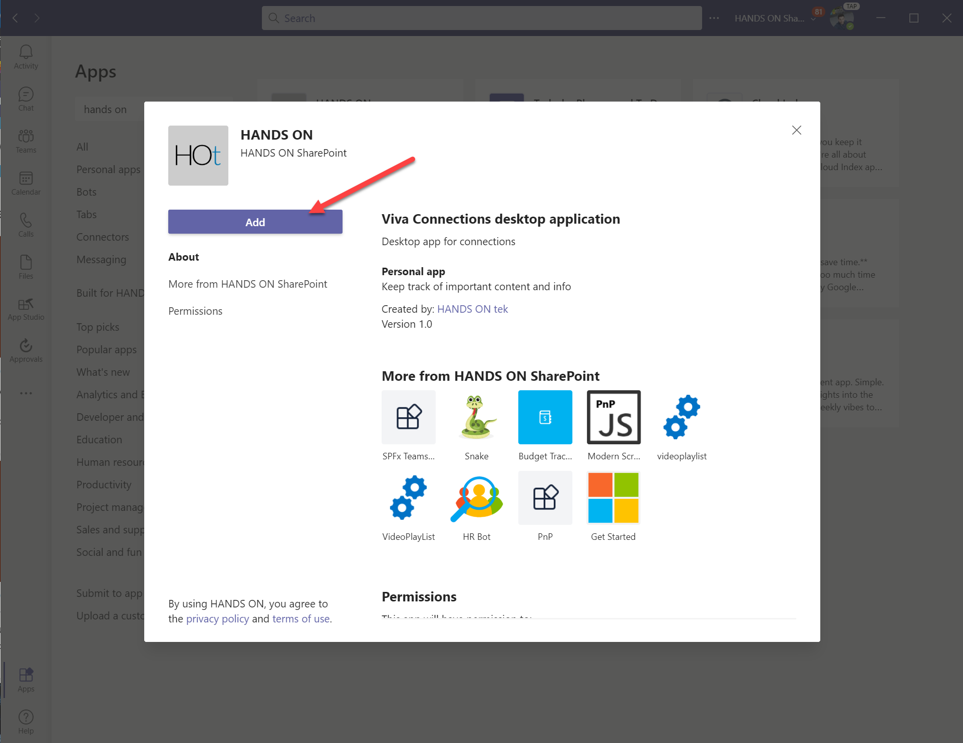 Viva Connections PnP PowerShell add app to Microsoft Teams